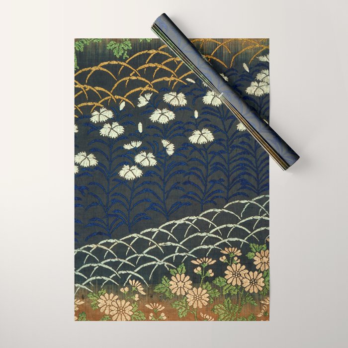 Antique White, Pink and Blue Floral Japanese Silk Print Wrapping Paper Gallery Image 1