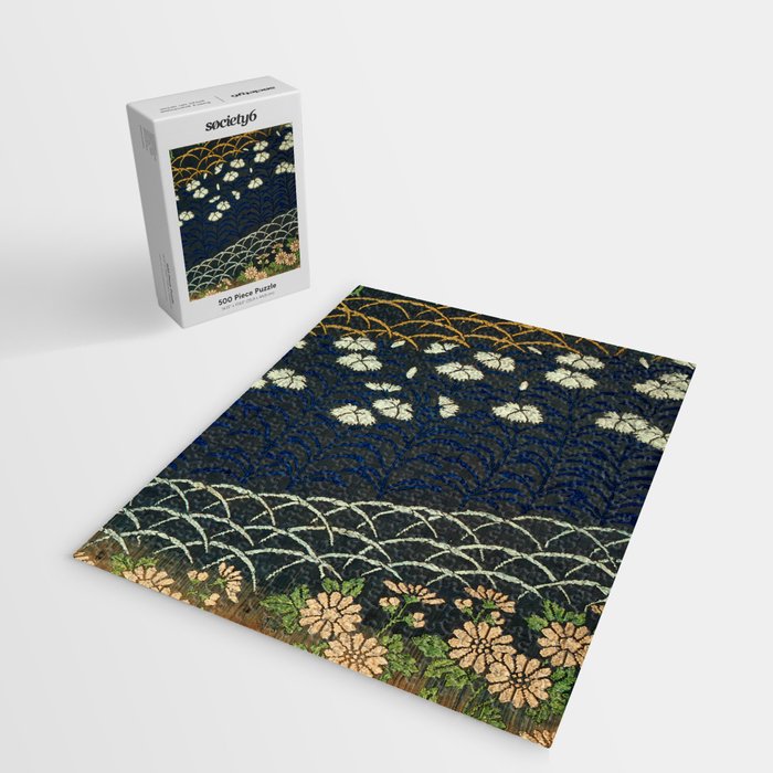 Antique White, Pink and Blue Floral Japanese Silk Print Jigsaw Puzzle Gallery Image 2