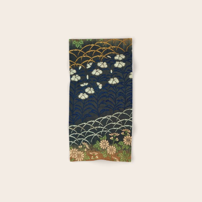 Antique White, Pink and Blue Floral Japanese Silk Print Bath Towel Gallery Image 1