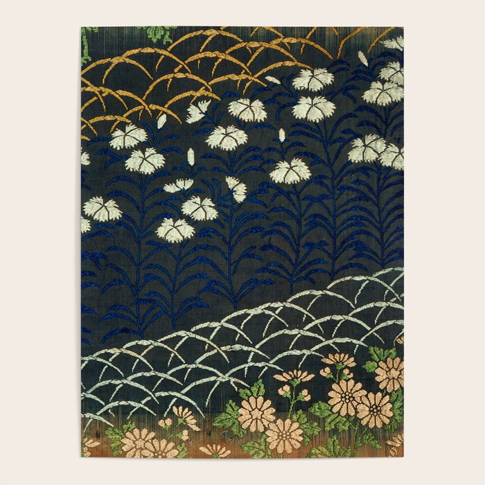 Antique White, Pink and Blue Floral Japanese Silk Print Poster Gallery Image 1