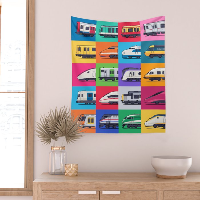 World Trains Grid Pattern Wall Tapestry Gallery Image 2