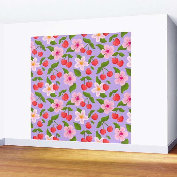 Cherry Pattern on Lavender Wall Mural Gallery Image 2