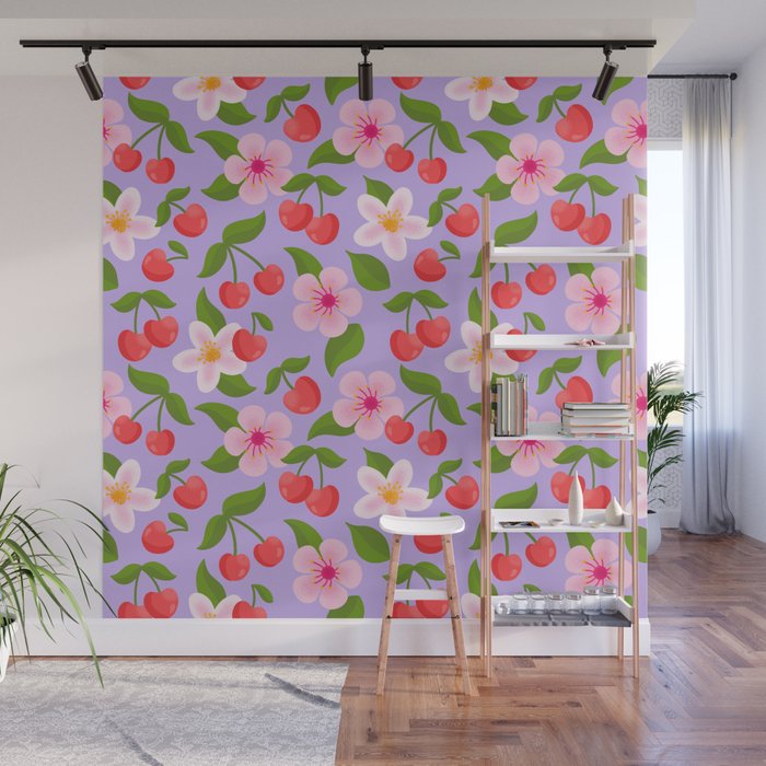 Cherry Pattern on Lavender Wall Mural Gallery Image 1