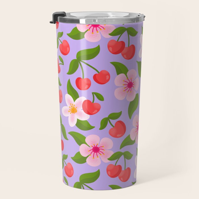Cherry Pattern on Lavender Travel Mug Gallery Image 3