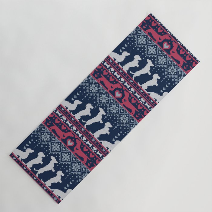 Fair Isle Knitting Doxie Love // navy blue background white and red dachshunds dogs bones paws and hearts Yoga Mat Gallery Image 1