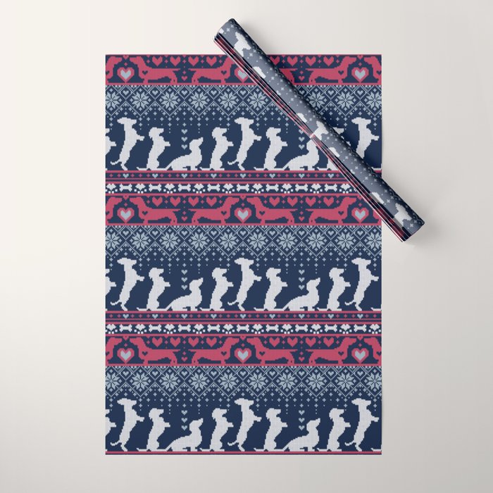 Fair Isle Knitting Doxie Love // navy blue background white and red dachshunds dogs bones paws and hearts Wrapping Paper Gallery Image 1