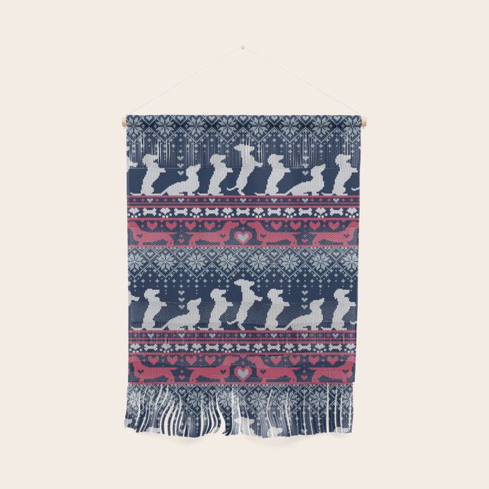 Fair Isle Knitting Doxie Love // navy blue background white and red dachshunds dogs bones paws and hearts Wall Hanging