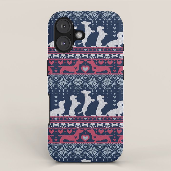 Fair Isle Knitting Doxie Love // navy blue background white and red dachshunds dogs bones paws and hearts iPhone Case Gallery Image 1