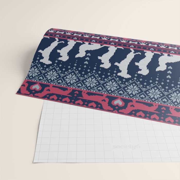 Fair Isle Knitting Doxie Love // navy blue background white and red dachshunds dogs bones paws and hearts Wrapping Paper Gallery Image 2