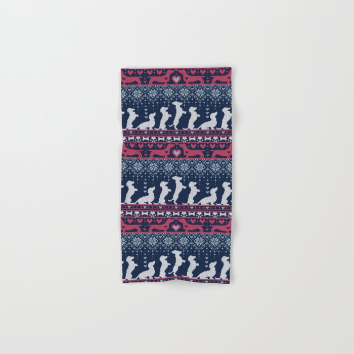 Fair Isle Knitting Doxie Love // navy blue background white and red dachshunds dogs bones paws and hearts Bath Towel