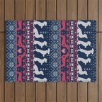 Fair Isle Knitting Doxie Love // navy blue background white and red dachshunds dogs bones paws and hearts Outdoor Rug Gallery Image 1