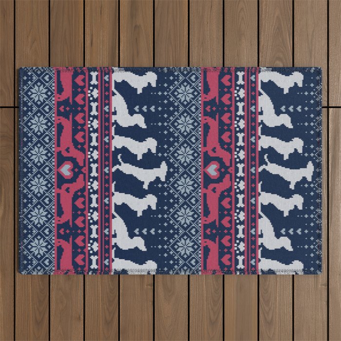 Fair Isle Knitting Doxie Love // navy blue background white and red dachshunds dogs bones paws and hearts Outdoor Rug Gallery Image 1