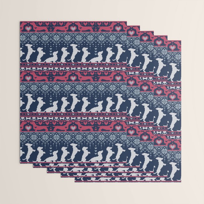 Fair Isle Knitting Doxie Love // navy blue background white and red dachshunds dogs bones paws and hearts Wrapping Paper Gallery Image 3