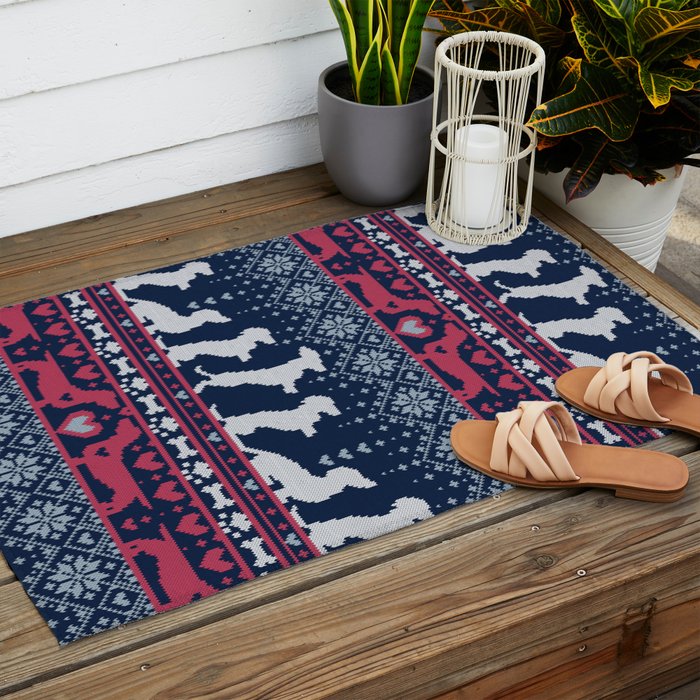Fair Isle Knitting Doxie Love // navy blue background white and red dachshunds dogs bones paws and hearts Outdoor Rug Gallery Image 2