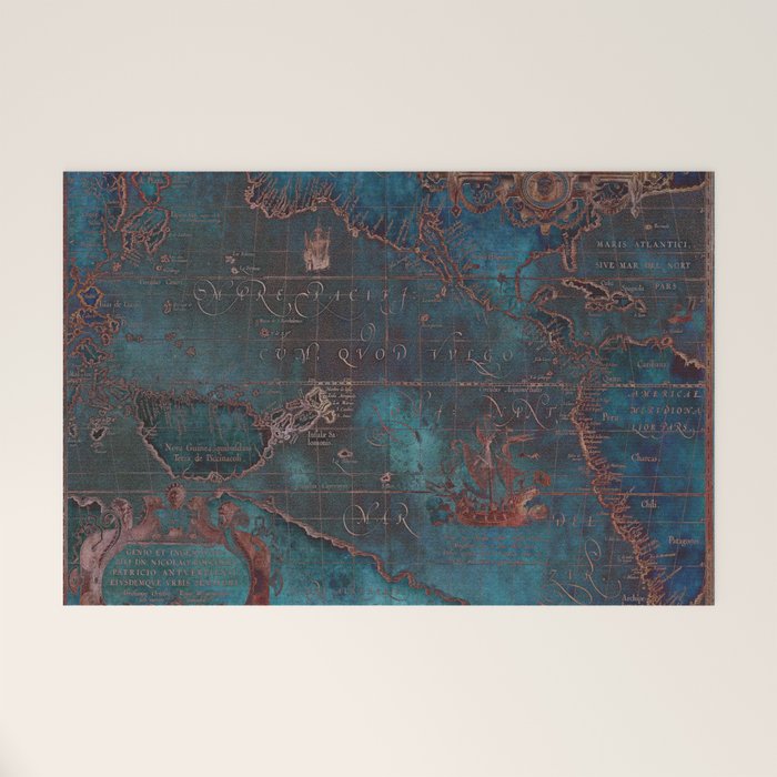 Antique Map Teal Blue and Copper Welcome Mat Gallery Image 1