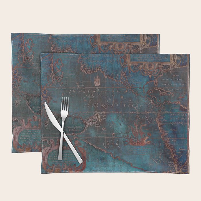 Antique Map Teal Blue and Copper Placemat Gallery Image 1
