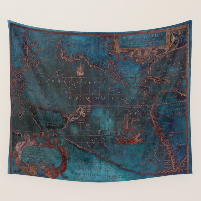 Antique Map Teal Blue and Copper Wall Tapestry Gallery Image 1