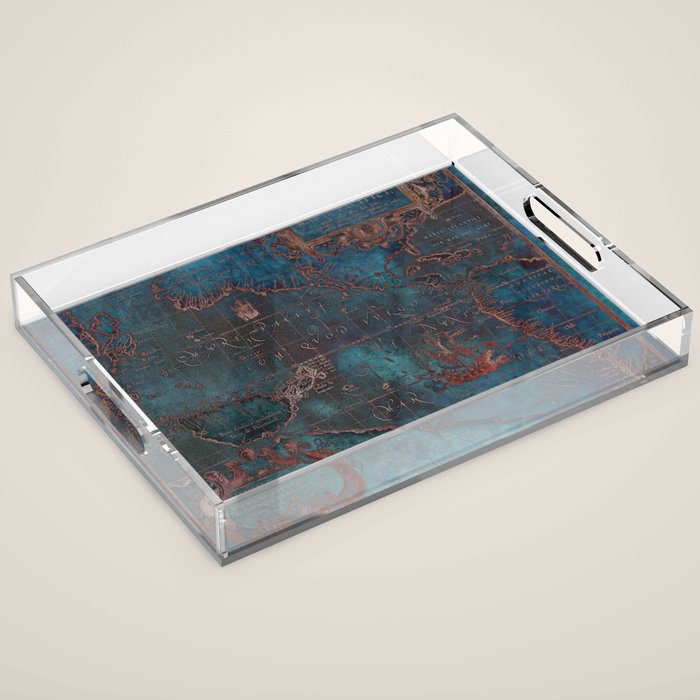 Antique Map Teal Blue and Copper Acrylic Tray Gallery Image 1