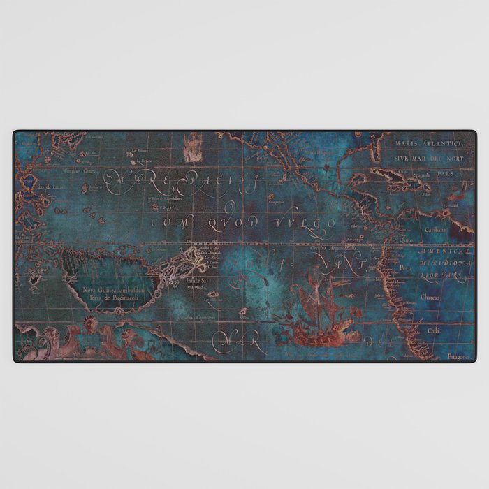 Antique Map Teal Blue and Copper Desk Mat Gallery Image 3