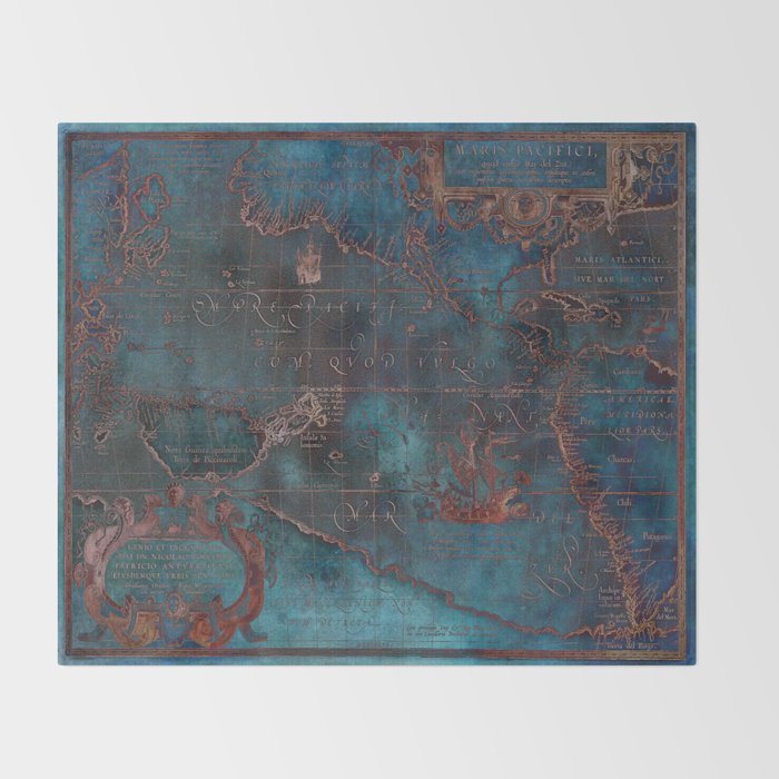 Antique Map Teal Blue and Copper Throw Blanket Gallery Image 2