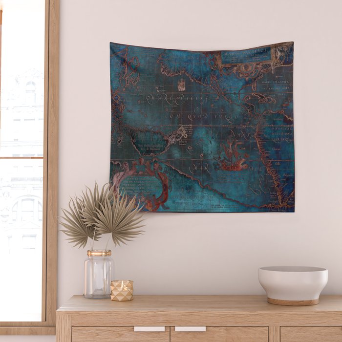 Antique Map Teal Blue and Copper Wall Tapestry Gallery Image 2