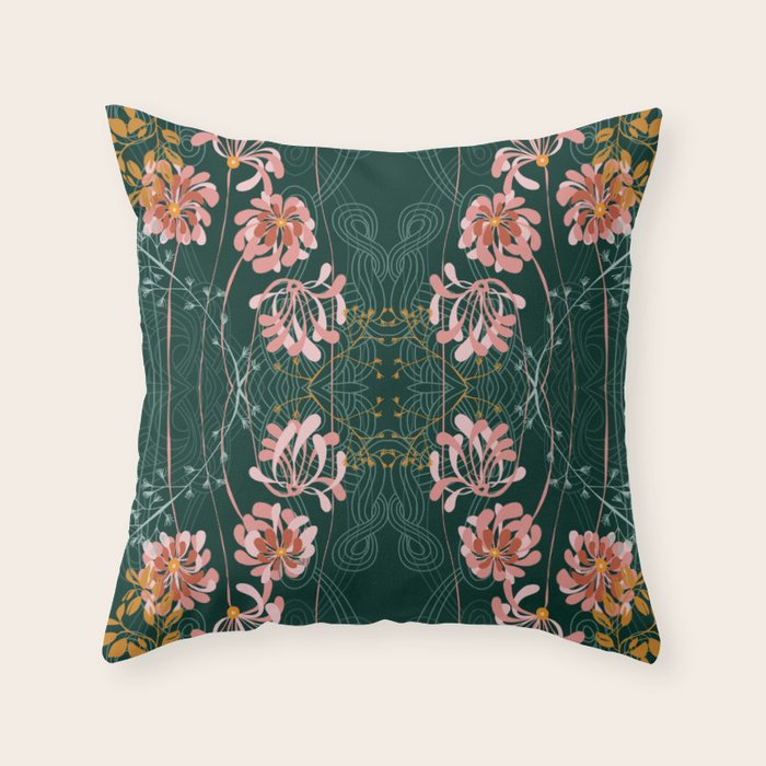Art Nouveau floral pattern with lines - emerald green Throw Pillow Gallery Image 1