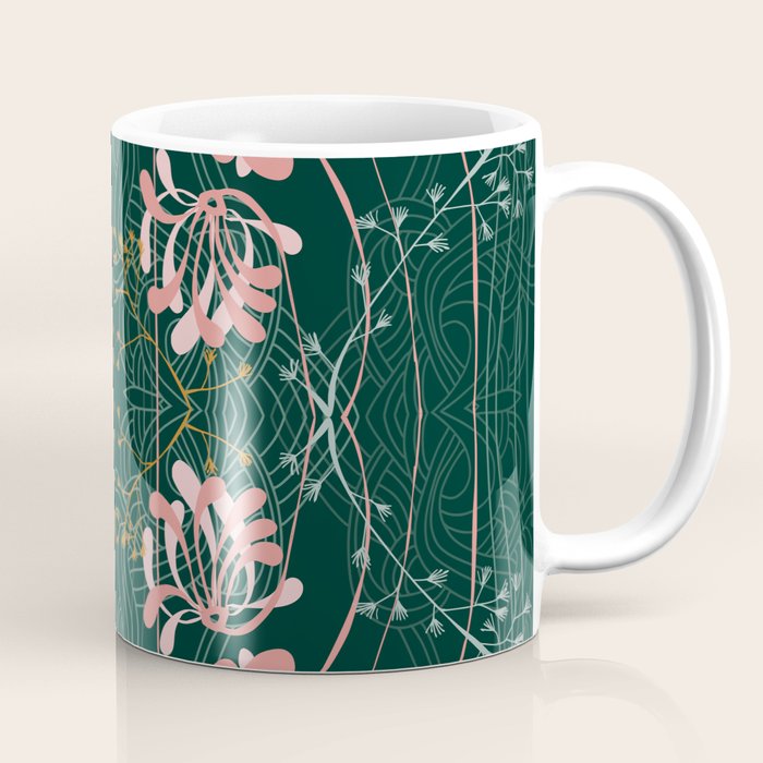 Art Nouveau floral pattern with lines - emerald green Coffee Mug Gallery Image 1