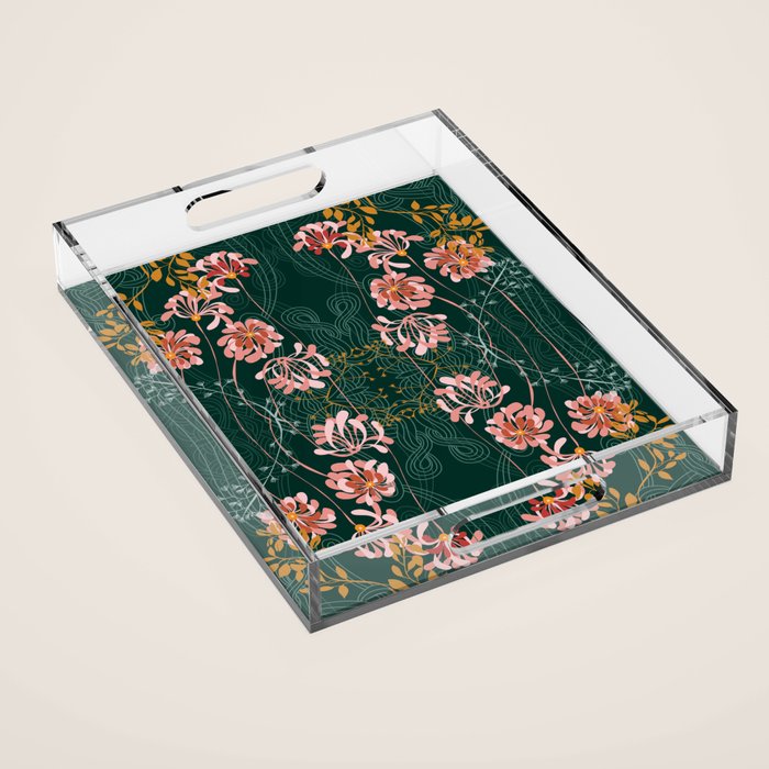 Art Nouveau floral pattern with lines - emerald green Acrylic Tray Gallery Image 1