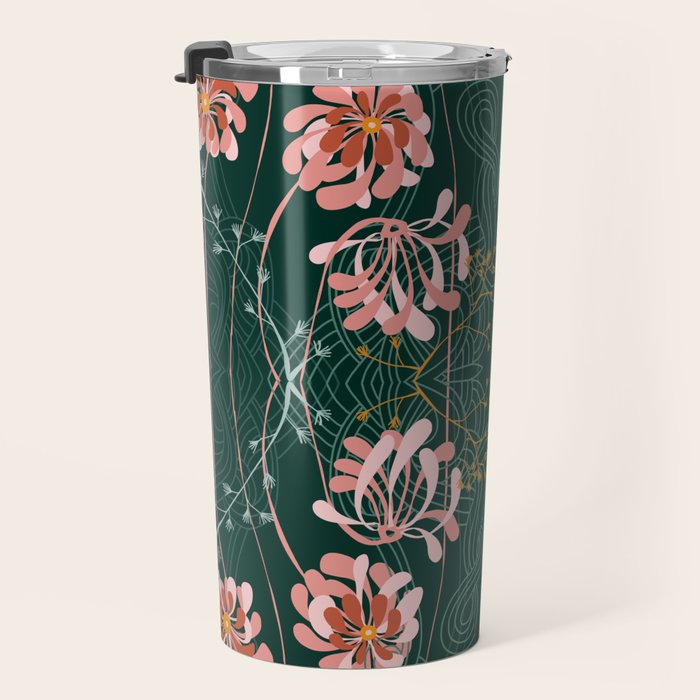 Art Nouveau floral pattern with lines - emerald green Travel Mug Gallery Image 3