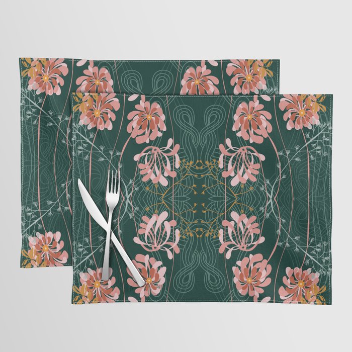 Art Nouveau floral pattern with lines - emerald green Placemat Gallery Image 1