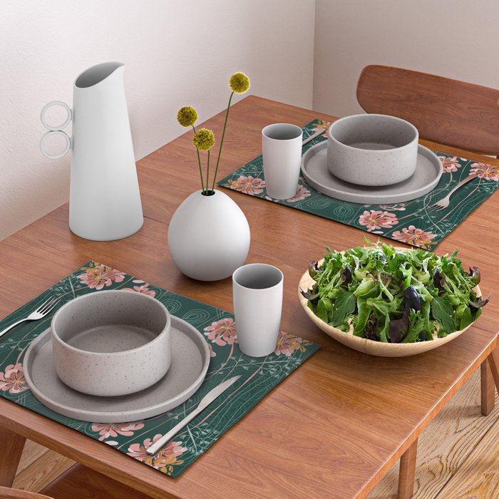 Art Nouveau floral pattern with lines - emerald green Placemat Gallery Image 2