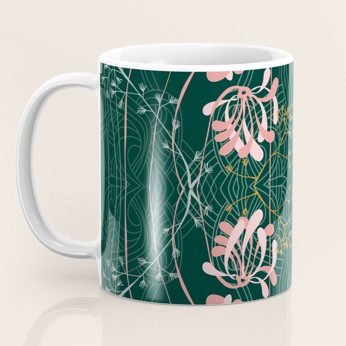 Art Nouveau floral pattern with lines - emerald green Coffee Mug Gallery Image 3