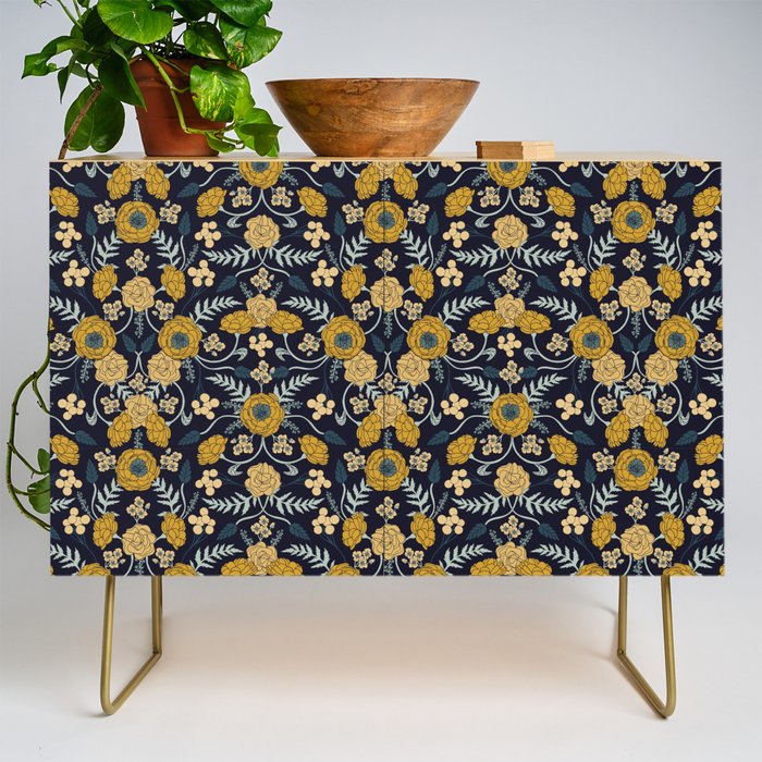 Navy Blue, Turquoise, Cream & Mustard Yellow Dark Floral Pattern Credenza Gallery Image 1
