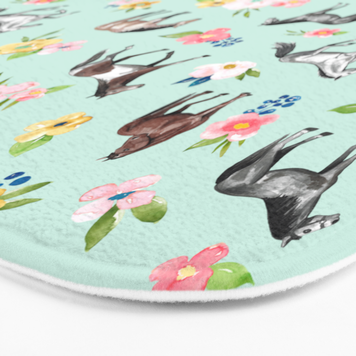 Horse and Flower Print, Mint Blue, Pink flowers, Equestrian, Spring Floral Bath Mat Gallery Image 3