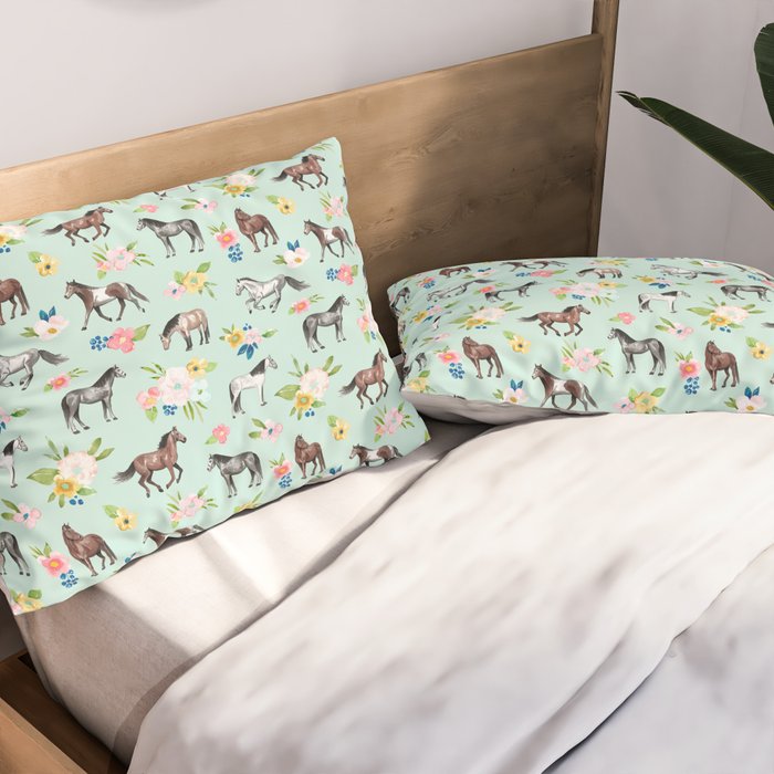 Horse and Flower Print, Mint Blue, Pink flowers, Equestrian, Spring Floral Pillow Sham Gallery Image 2