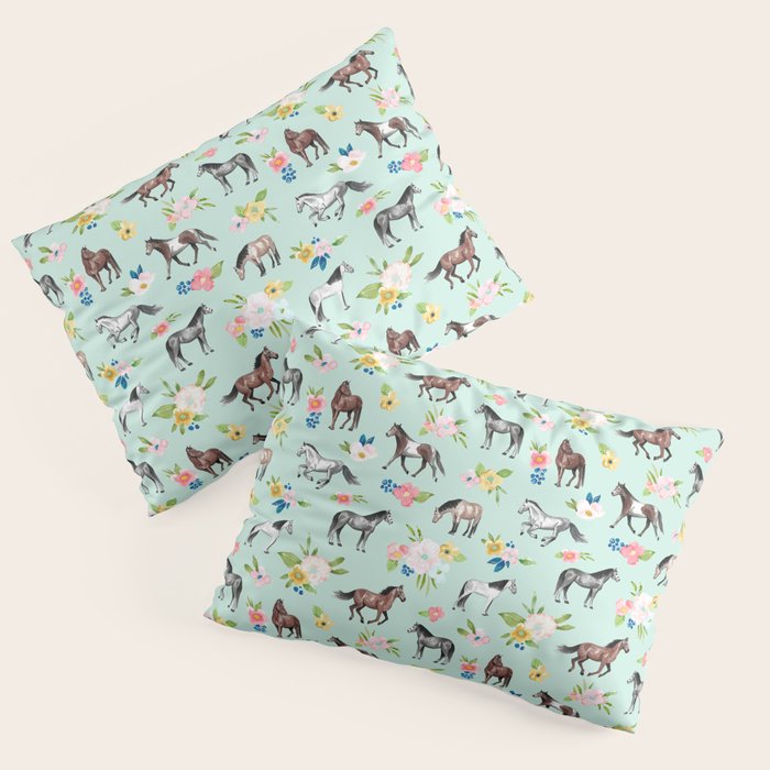Horse and Flower Print, Mint Blue, Pink flowers, Equestrian, Spring Floral Pillow Sham Gallery Image 3