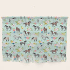 Horse and Flower Print, Mint Blue, Pink flowers, Equestrian, Spring Floral Wall Hanging Gallery Image 1