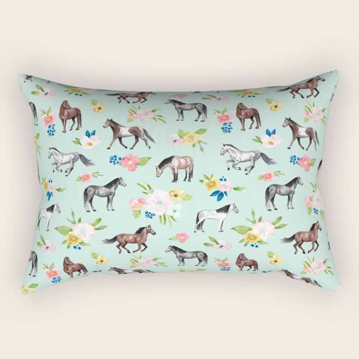 Horse and Flower Print, Mint Blue, Pink flowers, Equestrian, Spring Floral Rectangular Pillow Gallery Image 2