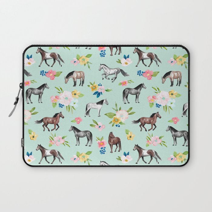Horse and Flower Print, Mint Blue, Pink flowers, Equestrian, Spring Floral Laptop Sleeve Gallery Image 1