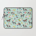 Horse and Flower Print, Mint Blue, Pink flowers, Equestrian, Spring Floral Laptop Sleeve Gallery Image 1