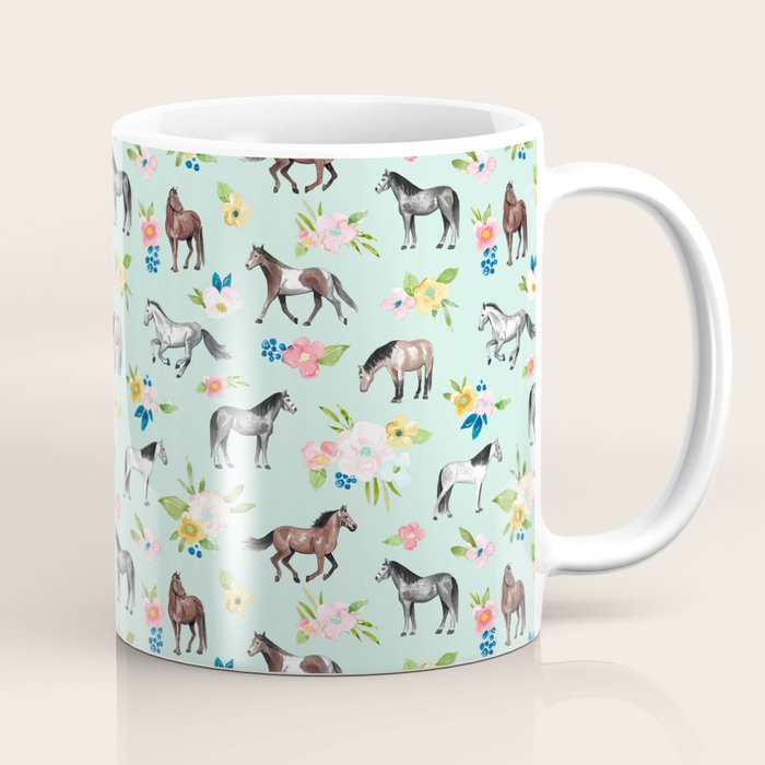 Horse and Flower Print, Mint Blue, Pink flowers, Equestrian, Spring Floral Coffee Mug Gallery Image 1