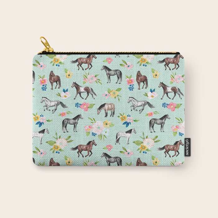 Horse and Flower Print, Mint Blue, Pink flowers, Equestrian, Spring Floral Carry All Pouch Gallery Image 1