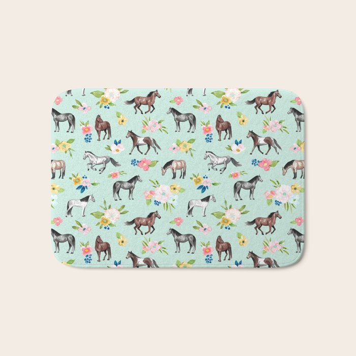 Horse and Flower Print, Mint Blue, Pink flowers, Equestrian, Spring Floral Bath Mat Gallery Image 1