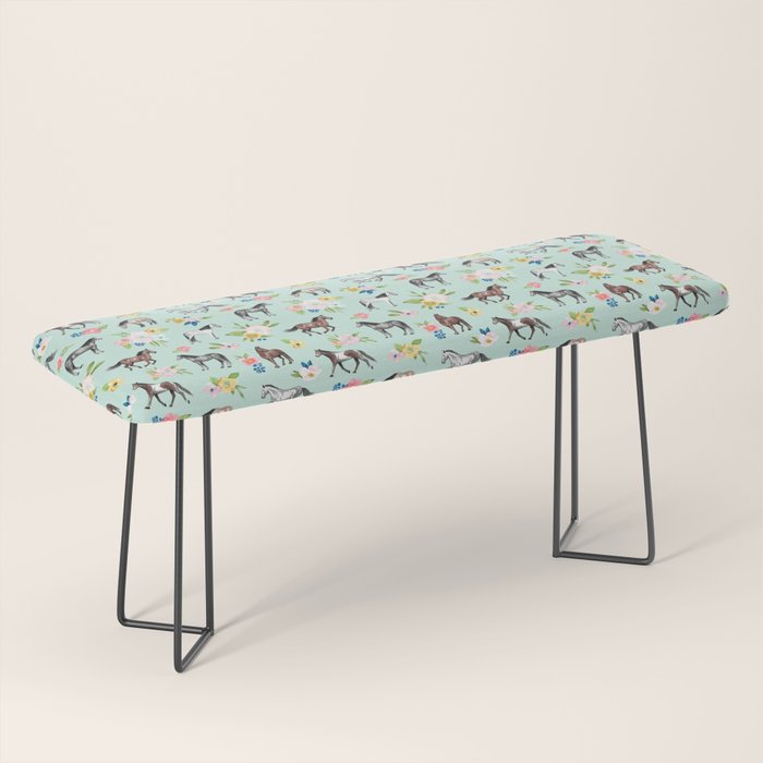 Horse and Flower Print, Mint Blue, Pink flowers, Equestrian, Spring Floral Bench Gallery Image 1