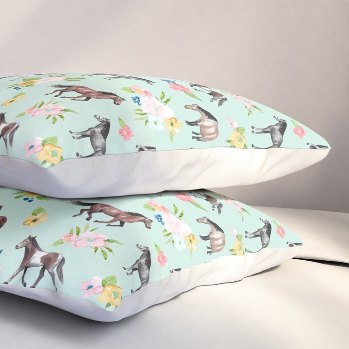 Horse and Flower Print, Mint Blue, Pink flowers, Equestrian, Spring Floral Pillow Sham Gallery Image 3