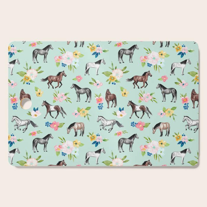 Horse and Flower Print, Mint Blue, Pink flowers, Equestrian, Spring Floral Cutting Board Gallery Image 1