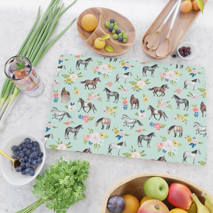 Horse and Flower Print, Mint Blue, Pink flowers, Equestrian, Spring Floral Cutting Board Gallery Image 2