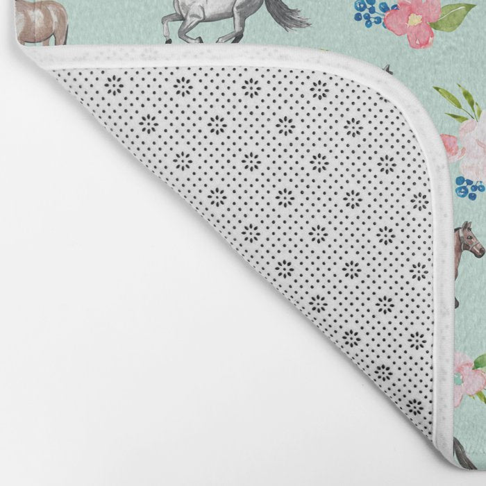 Horse and Flower Print, Mint Blue, Pink flowers, Equestrian, Spring Floral Bath Mat Gallery Image 2