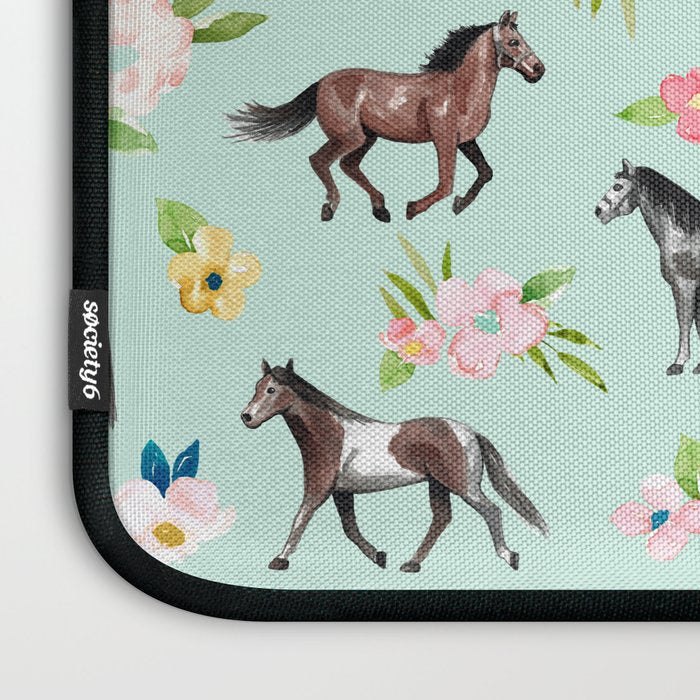 Horse and Flower Print, Mint Blue, Pink flowers, Equestrian, Spring Floral Laptop Sleeve Gallery Image 3