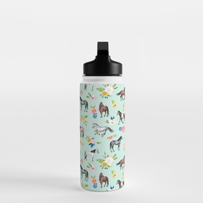 Horse and Flower Print, Mint Blue, Pink flowers, Equestrian, Spring Floral Water Bottle Gallery Image 3